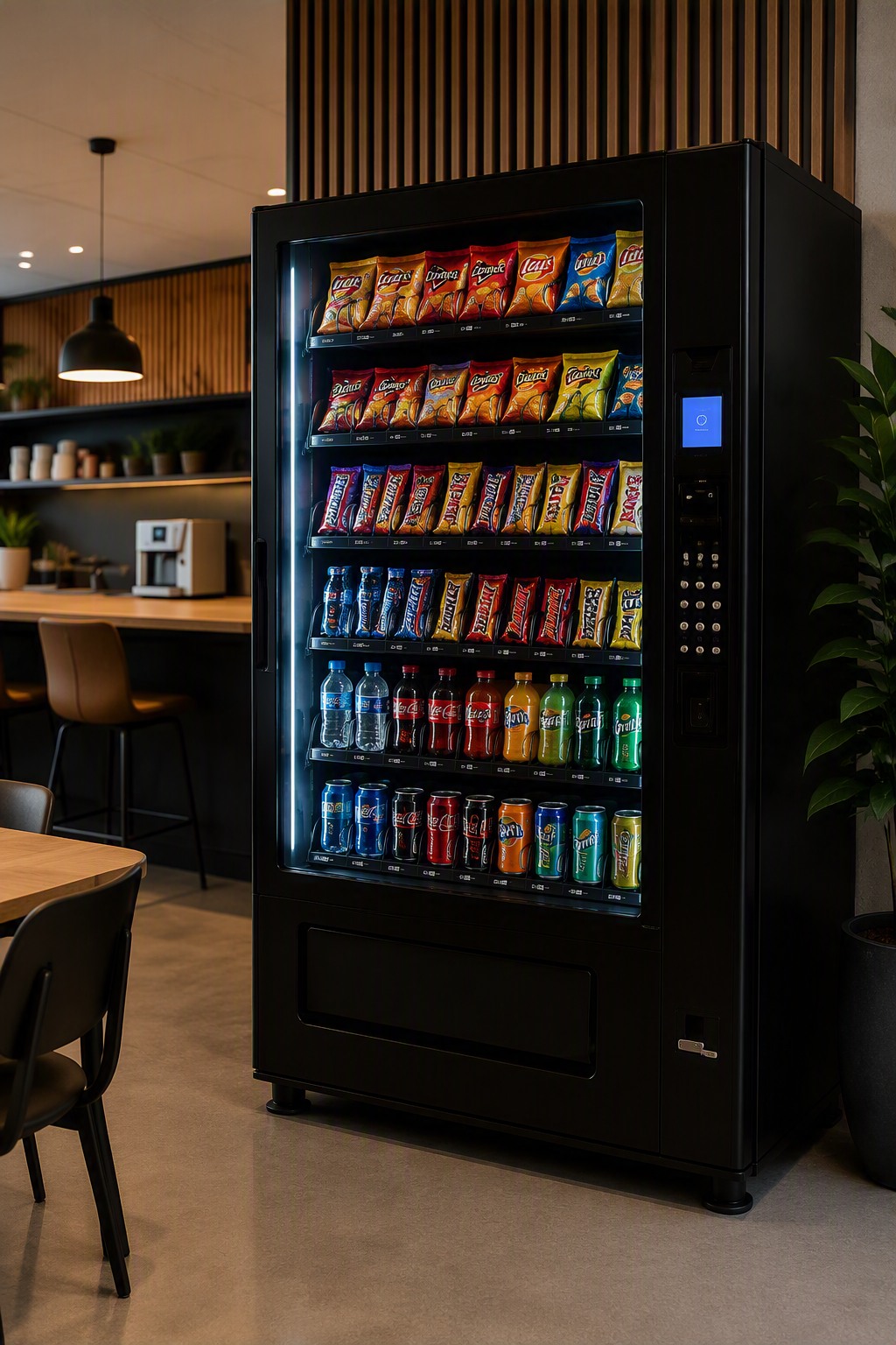 Zwarte combi-automaat met snacks en dranken