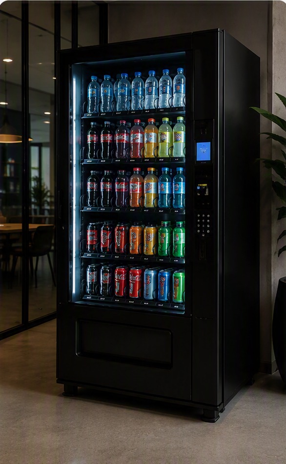 Zwarte drankautomaat met gekoelde dranken