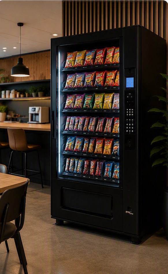 Zwarte snackautomaat in moderne bedrijfsomgeving